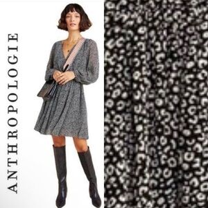 Anthro Maeve Black White Leopard Carolyn Mini V Neck Dress Blouson Sleeves XS